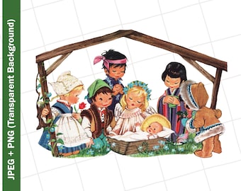 Vintage Digital Clipart | Nativity Manager Children Christmas, Vintage Greeting Card, Clip Art, Graphic, Image, Sublimation, PNG JPEG