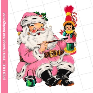 Digitais | Rosa Papai Noel Natal Astuto Pintura Brinquedo Cartão Vintage Clip Art Gráfico Imagem Sublimação PNG