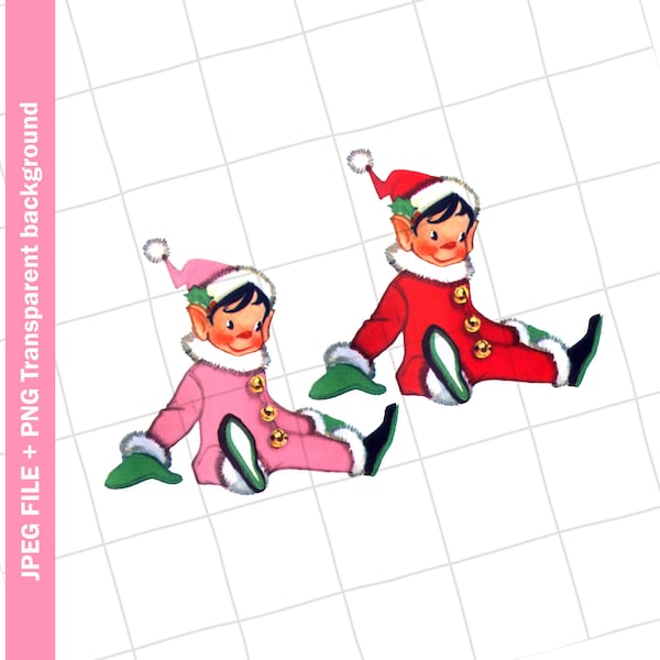 Vintage Clipart | Toy Elf Red Pink Christmas Vintage Greeting Card Clip Art Graphic Image Sublimation PNG JPEG