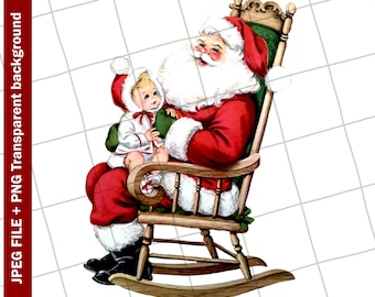 Digital | Santa Claus Baby Rocking Chair Christmas Vintage Greeting Card Clip Art Graphic Image #102 Sublimation JPEG PNG