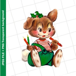 Numérique | Image clipart vintage de carte de voeux de Noël lapin lapin | PNG