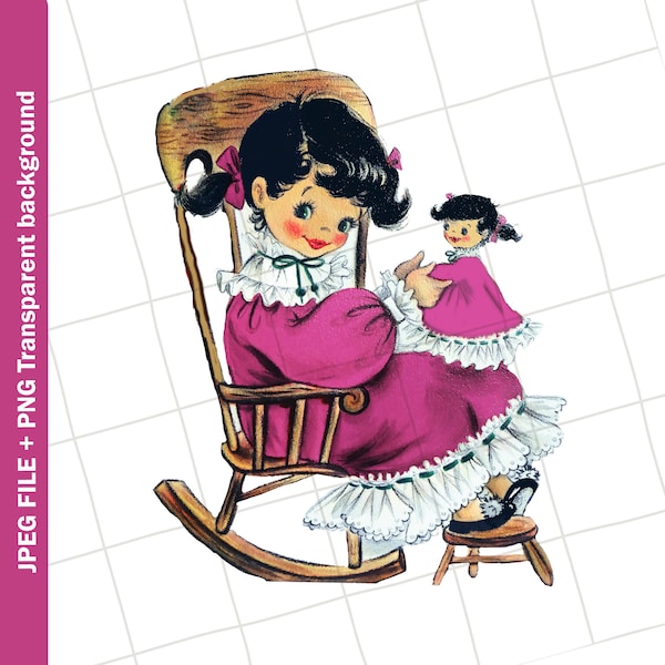 Digital Vintage Clipart | Krissy Girl Purple Plum Rocking Chair Doll Greeting Card Graphic Image | PNG JPEG