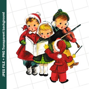 Digital Clipart | Children Christmas Choir Music Vintage Greeting Card Clip Art Graphic Image Sublimation Instant Download JPEG PNG