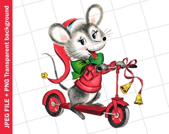 Digital | Mouse Scooter Christmas Vintage Greeting Card Clip Art Graphic Image Sublimation Instant Download JPEG PNG