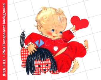 Digital Vintage Clipart | Valentine Baby Red Heart Greeting Card Graphic Image | PNG JPEG