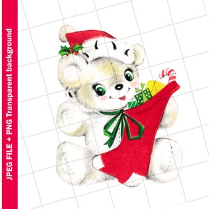 Digital | Christmas Bear with Stocking and Santa hat Vintage Greeting Card Image PNG