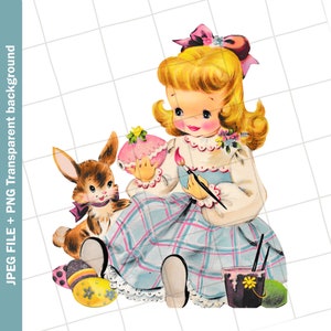 Clipart digital vintage | Menina azul vestido coelho pintura ovo de páscoa cartão gráfico sublimação de imagem | PNGJPEG