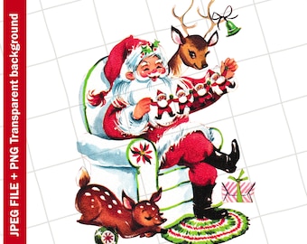 Vintage Clipart | Red Santa Claus Christmas Reindeer | Digital Greeting Card Graphic Image Sublimation PNG JPEG