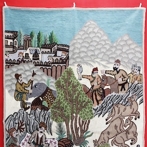 Handmade Silk Wool Tapestry: Pictorial Chain Stitch Wall Hanging