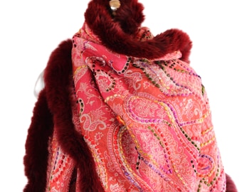 Handcrafted Fox Fur Trim Wool Shawl: Kashmiri Paisley Wrap