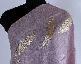 Printed Cashmere shawl,Golden Metallic Printed Feather,Pink Colour,Women&#39;s Fashion,Wedding Gift,Party Wear,Size (200x70)Cm