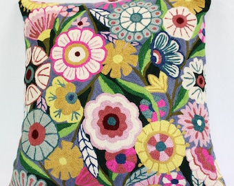 ハンドメイド花柄ウールクッションカバーセット：カシミール刺繍（45 x