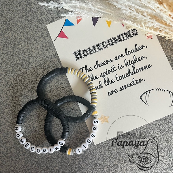 Sports Homecoming Bracelets: heishi clay beads. Team Spirit. School Spirit. Football. High school. College. Mascot. Custom. Tigers.