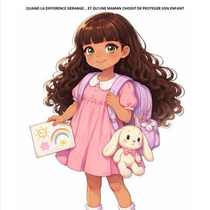 May include: Illustration of a young girl with brown hair, wearing a pink dress, backpack, and sneakers. She holds a drawing of a sun, rainbow, and flowers. A stuffed bunny with a pink bow is also in the image. Text in French reads, "Et si mon enfant ne rentrait pas dans vos cases?"