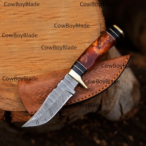 Handmade Damascus Steel Skinner Knife: 8&quot; with Leather Sheath