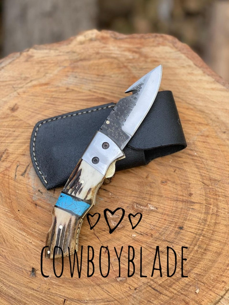 Handmade Folding Pocket Knife, Custom Hunting Knife Leather Pouch