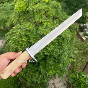 Hand Forged D2 Steel Tanto Knife: Custom Camel Bone Handle, Leather Sheath