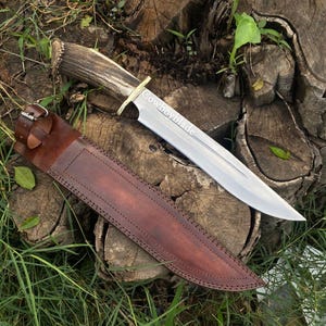 Handmade Wild West Bowie Knife , Hand Forged 440c Blade Hunting Stag Horn Handled Knife , With Leather Sheath , Gift For Him, Christmas Gift