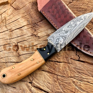 Handmade Damascus Steel Bushcraft Knife with Leather Sheath