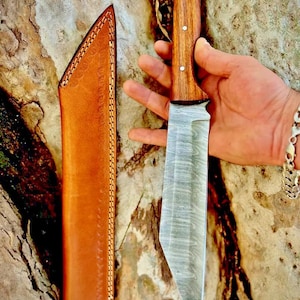 Handmade Forged Damascus Steel Seax Knife , Custom Made Hunting Seax Knife With Leather Sheath