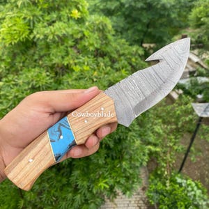 Custom Handmade Damascus Steel Hunting Gut Hook Skinner Knife With Leather Sheath , Gift For Him , Gift For Christmas