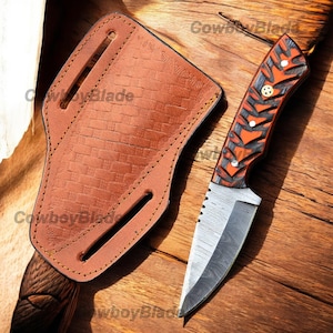 Damascus Steel Skinner Knife , 7 Inches Custom Skinner Pakka Wood Handled Knife With Leather Sheath , Gift For Him , Gift For Her