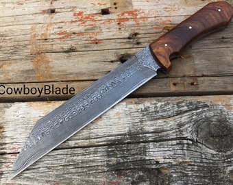 Custom Handmade Damascus Steel Seax Knife With Leather Sheath , Hand Forged Hunting Knife