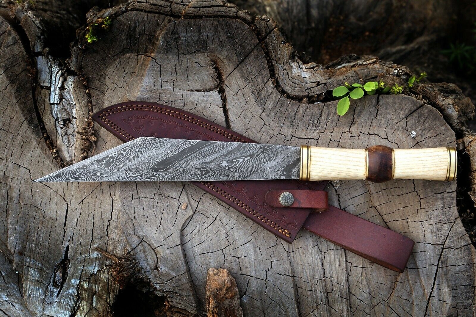 Handmade Damascus Steel Seax Knife with Leather Sheath