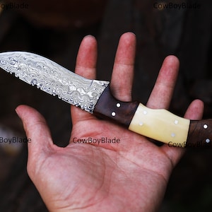 Handmade Damascus Steel Skinner Knife: Rosewood Handle, Leather Sheath