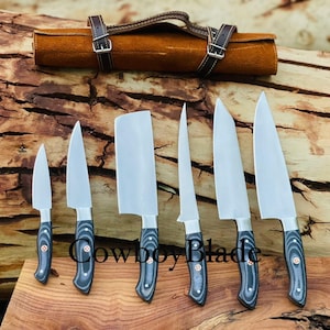 Set di 6 coltelli da chef artigianali - Acciaio ad alto tenore di carbonio a codolo intero con manici in G10 + borsa a rullo in pelle / Coltelli da cucina CowboyBlade
