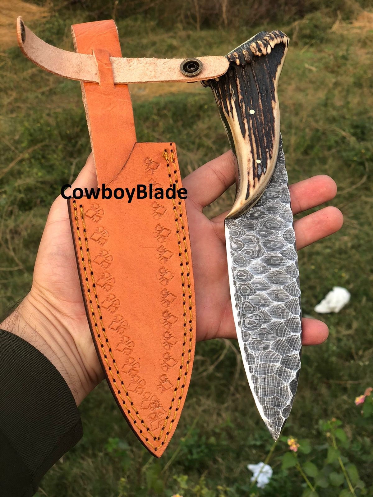 Hand Outdoor Hunting Knife Stone Textured Antler Handle Etsy