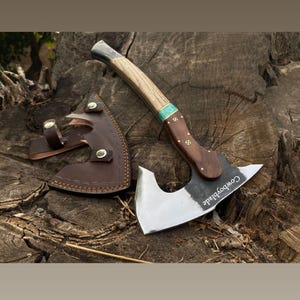 Custom Forged Viking Axe | Full Tang Bushcraft Hatchet | Carbon Steel Tomahawk with Leather Sheath | Anniversary Gift for Him