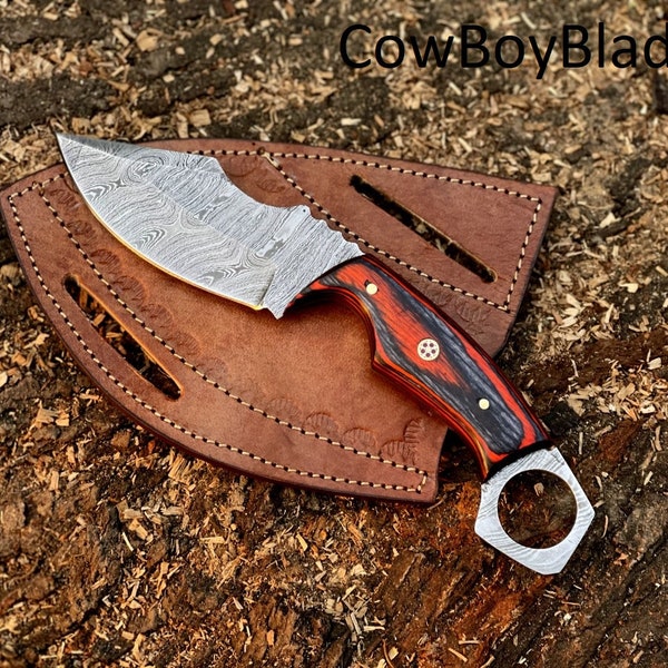 Custom Handmade Skinner Knife , 8" Skinning Knife With Leather Sheath , Damascus Steel Knife , EDC Knife , Custom Knife