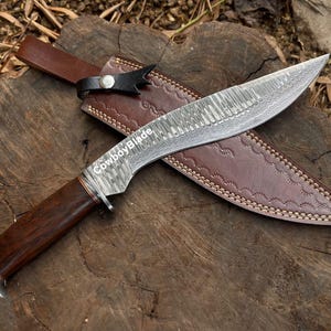 Handmade Damascus Kukri Hunting Knife | Curved  Blade Knife with Wood Handle | Bushcraft Knife | Leather Sheath | Gift for Him