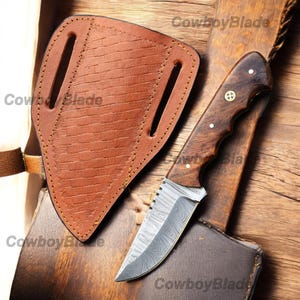 Damascus Steel Skinner Knife , 7 Inches Custom Skinner Rose Wood Handled Knife With Leather Sheath , Gift For Him , Gift For Her