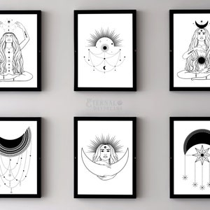 Set of 6 Witchy Art Prints | Moon Phases Esoteric Wall Poster | Printable Goth Woman Moons and Stars | Celestial Digital Download Decor