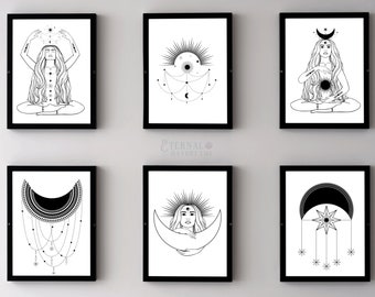 Set of 6 Witchy Art Prints | Moon Phases Esoteric Wall Poster | Printable Goth Woman Moons and Stars | Celestial Digital Download Decor