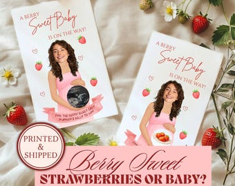 Juego personalizado para baby shower con temática de fresas o fresas rosas.