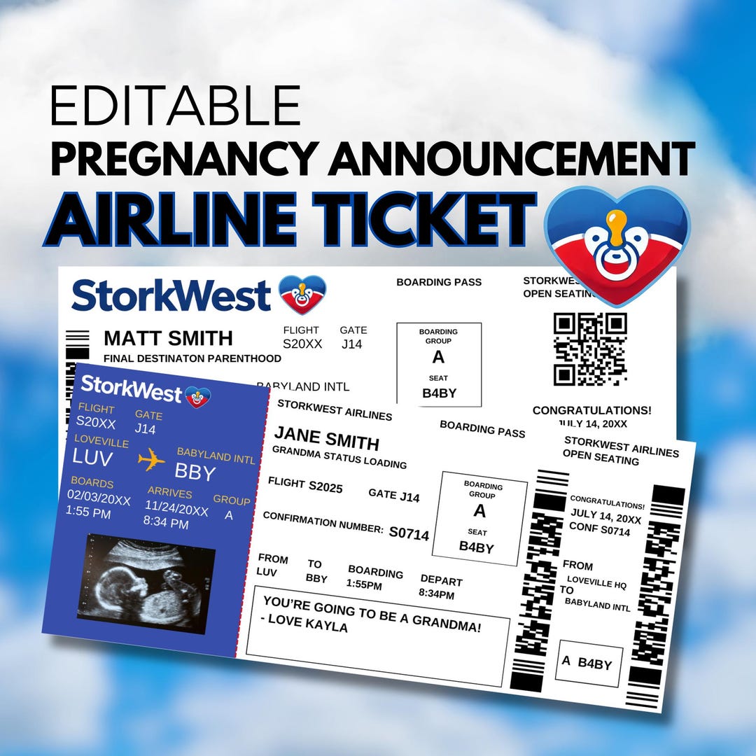 Editable Plane Ticket Pregnancy Announcement Digital Travel Theme