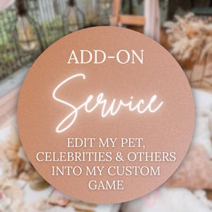 May include: A round, peach-colored graphic with white text that reads "ADD-ON Service." Below, the text continues, "EDIT MY PET, CELEBRITIES & OTHERS INTO MY CUSTOM GAME."