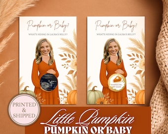 May include: Two rectangular cards with the text "Pumpkin or Baby?" and "What's hiding in Laura's belly?" are displayed. The cards feature a woman in an orange dress holding a circle with an image. The bottom of the image has the text "Little Pumpkin Pumpkin or Baby Scratch Off Game".