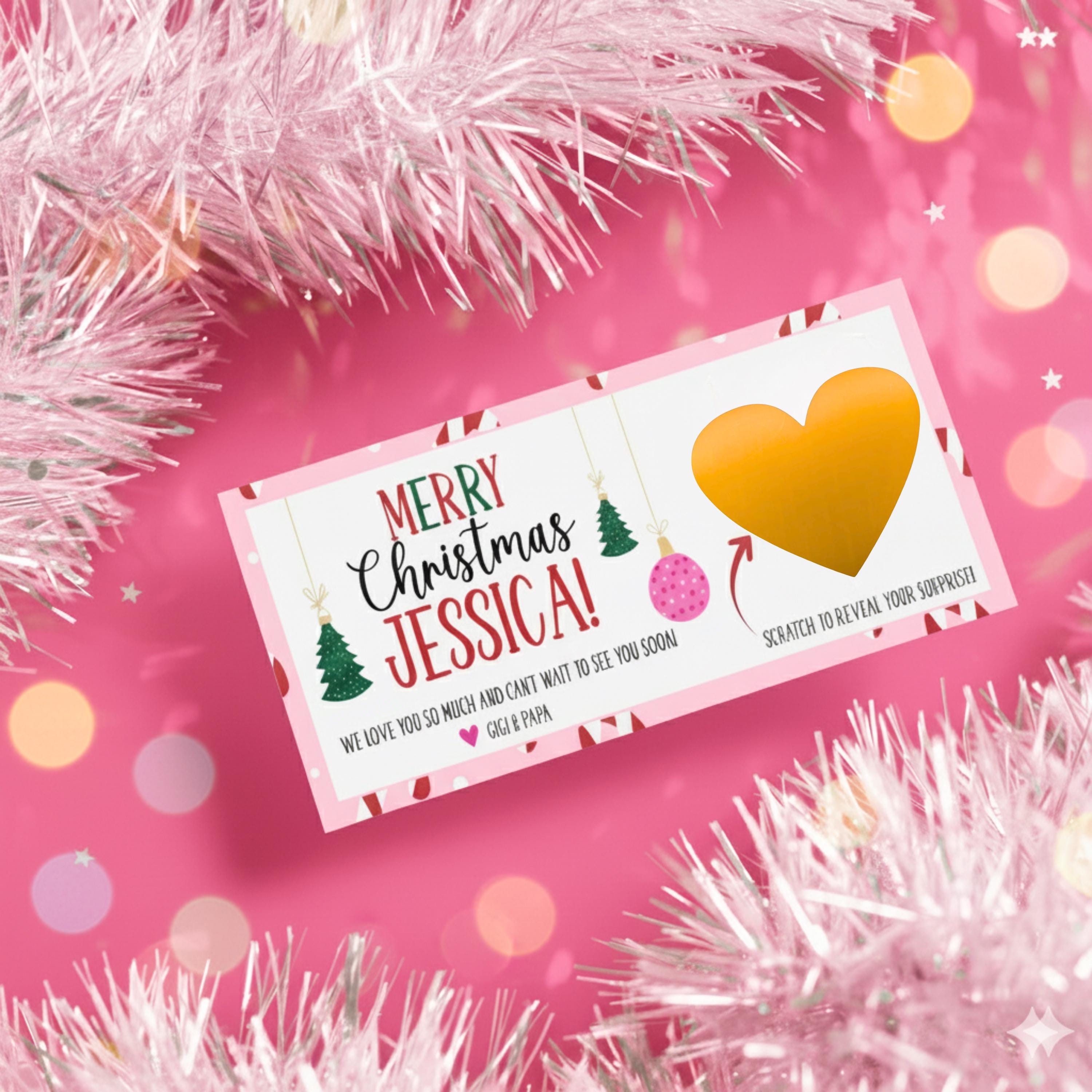 Custom Kids Christmas Voucher Scratch Off Gift Ticket Pink Surprise Reveal Holiday Scratch Coupon