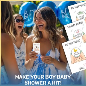 Pode incluir: Tr&ecirc;s cart&otilde;es azuis e brancos com o texto "Did Baby Poopie?" e ilustra&ccedil;&otilde;es de um beb&ecirc; com uma fralda, um beb&ecirc; com um carrinho e um beb&ecirc; com um pato de borracha. Os cart&otilde;es s&atilde;o segurados por uma mulher com um vestido azul e branco.