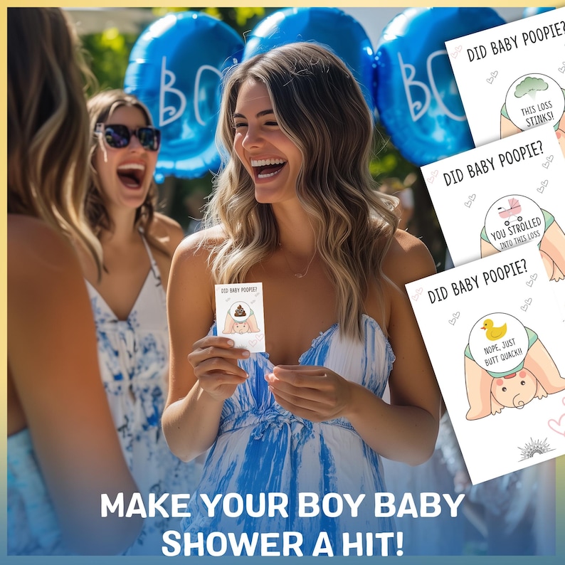 Pode incluir: Tr&ecirc;s cart&otilde;es azuis e brancos com o texto "Did Baby Poopie?" e ilustra&ccedil;&otilde;es de um beb&ecirc; com uma fralda, um beb&ecirc; com um carrinho e um beb&ecirc; com um pato de borracha. Os cart&otilde;es s&atilde;o segurados por uma mulher com um vestido azul e branco.