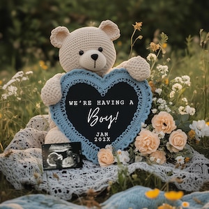 Anúncio de gravidez de menino Boho Bear Anúncio digital de gravidez Anúncio digital de gravidez de bebê de primavera e verão Revelação da natureza