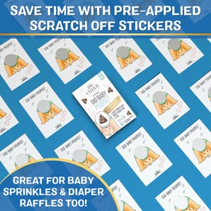 Pode incluir: Um conjunto de 12 cartas de jogo para ch&aacute; de beb&ecirc; com um adesivo para raspar em cada carta. As cartas s&atilde;o brancas com cora&ccedil;&otilde;es rosa e azuis e o texto "Did Baby Poopie?" As cartas est&atilde;o dispostas em uma grade sobre um fundo azul. Uma caixa de cartas de jogo para ch&aacute; de beb&ecirc; "Did Baby Poopie?" est&aacute; no centro da imagem. A caixa &eacute; branca com um emoji de coc&ocirc; marrom e o texto "The Original Did Baby Poopie?"