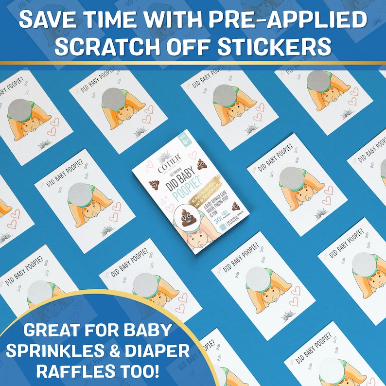 Pode incluir: Um conjunto de 12 cartas de jogo para ch&aacute; de beb&ecirc; com um adesivo para raspar em cada carta. As cartas s&atilde;o brancas com cora&ccedil;&otilde;es rosa e azuis e o texto "Did Baby Poopie?" As cartas est&atilde;o dispostas em uma grade sobre um fundo azul. Uma caixa de cartas de jogo para ch&aacute; de beb&ecirc; "Did Baby Poopie?" est&aacute; no centro da imagem. A caixa &eacute; branca com um emoji de coc&ocirc; marrom e o texto "The Original Did Baby Poopie?"