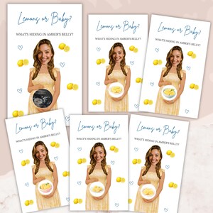 Puede incluir: Juego de tarjetas para baby shower con el texto "Lemons or Baby? What's hiding in Amber's belly?" Las tarjetas muestran a una mujer con un vestido amarillo, limones y corazones. Algunas tarjetas muestran una ecograf&iacute;a, otras limones.