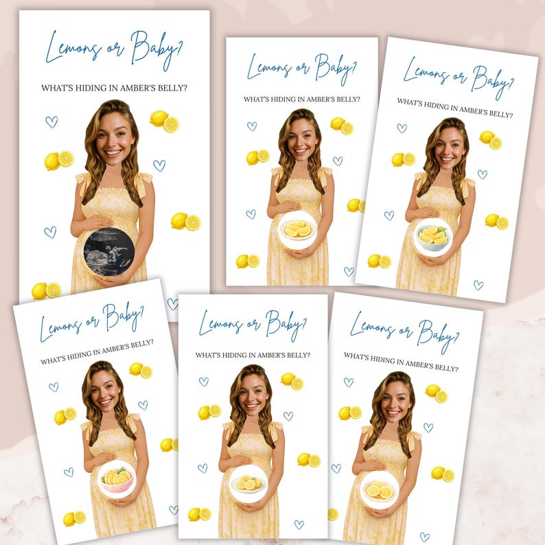 Puede incluir: Juego de tarjetas para baby shower con el texto "Lemons or Baby? What's hiding in Amber's belly?" Las tarjetas muestran a una mujer con un vestido amarillo, limones y corazones. Algunas tarjetas muestran una ecograf&iacute;a, otras limones.
