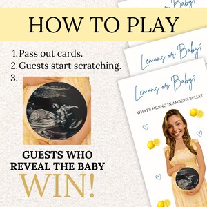 Puede incluir: Un juego de baby shower con el texto "How to Play" y "Lemons or Baby?" El juego incluye tarjetas, una imagen de ultrasonido y el texto "Guests Who Reveal the Baby Win!"